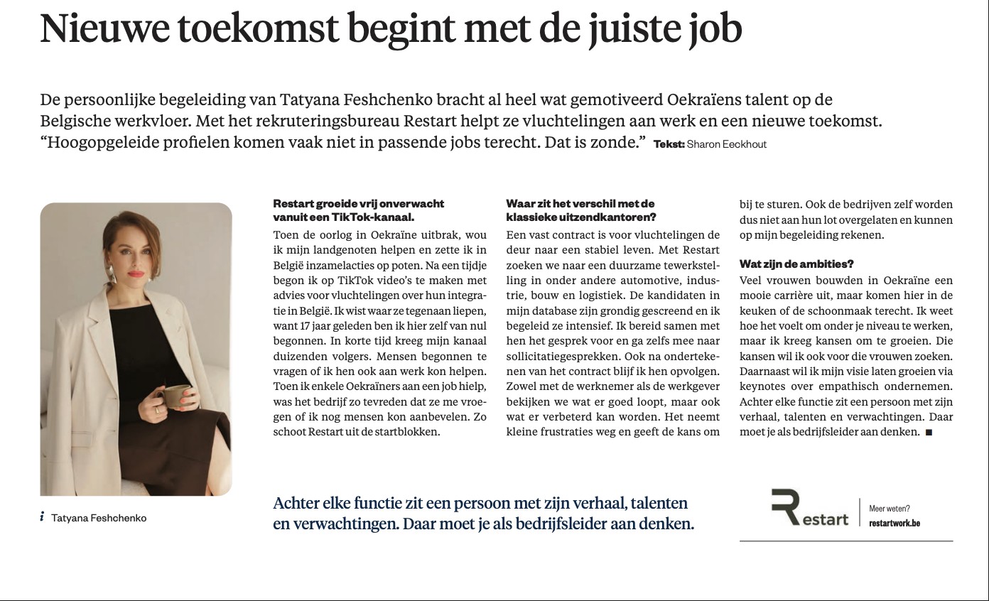 Restart-artikel “Nieuwe toekomst begint met de juiste job”